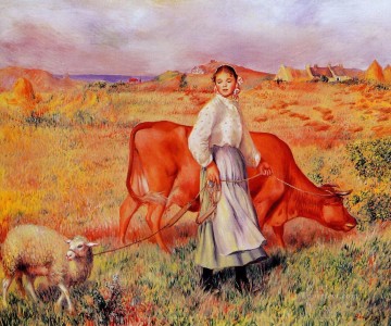 牛 雄牛 Painting - ピエール・オーギュスト・ルノワール 羊飼いの牛と羊